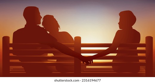 Concept of infidelity in couples with the symbol of a man cheating on his wife and discreetly giving his hand to another.