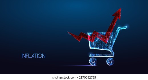 Concept Of Inflation, Economical Crisis, Price Rise With Shopping Cart And Chart Arrow On Dark Blue