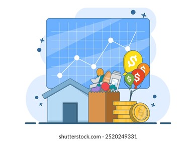 The concept of inflation in economics. Goods and services become more expensive. Food prices rise. Loss of purchasing power, rising consumer prices, currency depreciation, financial crisis.