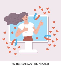 El concepto de influencia en las redes sociales. Ilustración vectorial plana con una joven joven e influyente en la pantalla, imanes, corazones y me gusta.