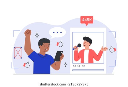 Concept of influencer. Boy listens to man with microphone, social media blogger and opinion leader. Famous person gives advice and shares opinion, modern technologies. Cartoon flat vector illustration