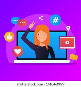 Concept of Influencer marketing, Social media marketing, gradient style horizontal banner with icons and texts - Vector
