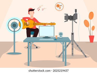 Concept influencer, relax. character man sitting guitar in the living room at home with a video camera Keep taking pictures. Vector flat style illustration for Online content, freelance work home