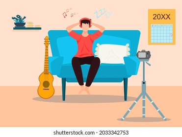Concept influences music, relaxing, live stream. man sitting and relaxing on the sofa  After just playing the guitar. Vector flat style. Illustration for content online, sleep, rest, blogger, creator 