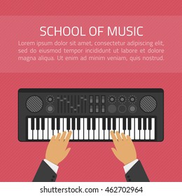 The concept infographic or an advertising banner for the music school, learning the game on the synthesizer. Piano Keyboard Synthesizer in flat style. Sound musical piano. Keyboard.