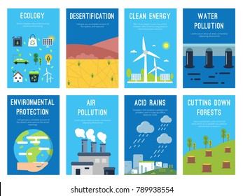 Concept infographic cards at ecology theme. Eco labels with place for your text. Bio ecological infographic, environment banner, desertification and acid rain. Vector illustration