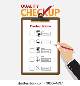 The concept of infographic for product quality on checkup board in flat design. Vector Illustration