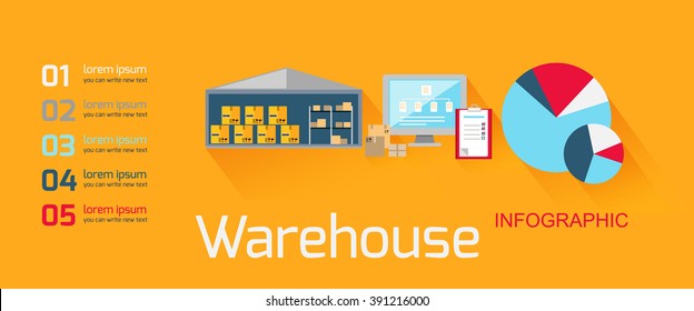 Concept infographics equipment warehouse. Delivery and cargo transportation, shipping service, industry freight and package, logistic industrial, export and distribution production vector illustration