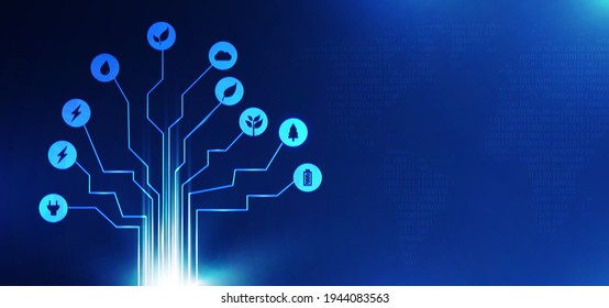 Concept With Infographics And Icons For Alternative Innovation Energy. Climate Change And Global Warming Idea. Renewable Energy collage. Vector Illustration With Future Technology Idea In Blue.