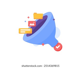 conceito de filtragem de informações, dados e arquivos. filtragem segura e correta de dados ou informações. ilustração de um filtro ou funil com ícone de pasta, imagem, marca de seleção e informações. estilo plano