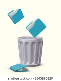 Concept of information destruction, data deletion. Realistic folders with documents fall into large metal trash can. Memory cleaning software. Color vector composition