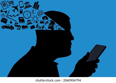 Concept of information and organization of his schedule, with a connected man surfing the internet with his smartphone.