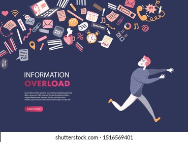 Concept of Information Overload, Digital hygiene, Stress. Overwhelmed person running away from the information stream wave pursuing him. Vector illustration in flat style. 