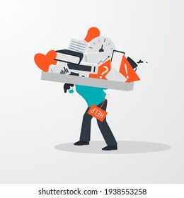 Concept of information overload, digital hygiene. A person in stress asks for help and carries problems on his back. Vector illustration.