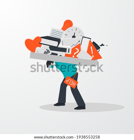 Concept of information overload, digital hygiene. A person in stress asks for help and carries problems on his back. Vector illustration.