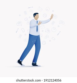 The concept of information overload and stress, non-compliance with digital hygiene. A person groping, putting his hands forward, makes his way through the wave of information flow. 