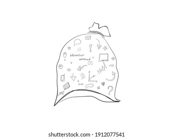 The concept of information overload, stress. A person is trying to hold a huge bag of information flow. Vector illustration in a flat style.
