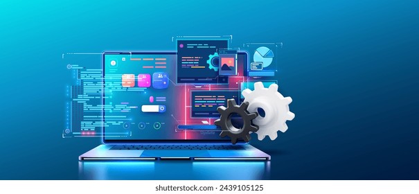 Concept of Information technologies and computer engineering. Creation digital Software mobile, desktop platforms. Software developer programming code. Neon laptop with futuristic code on the screen.