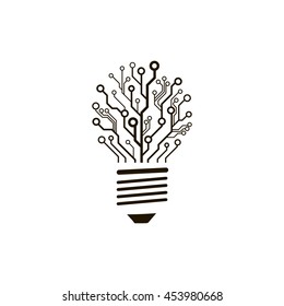 A Concept Of Information Technology Logo. Vector Circuit Board Bulb. Creative Engineering Thinking Sign