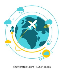 The concept of information technology routes and communications. 21 century. Banner on the background of the planet. Travel. Simple flat design. Vector illustration.