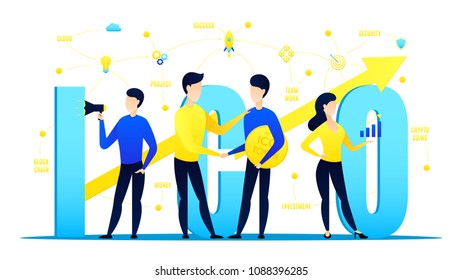 Concept of Initial coin offering. Businessmen offer ICO tokens and make a deal. Vector illustration with coins growth chart.