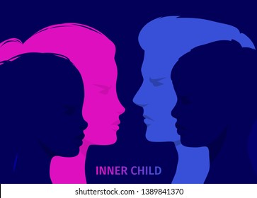 Concept of inner child. Silhouette of a man and woman showing their inner child living in their mind. Flat design, vector illustration.