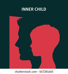 Concept of inner child. Silhouette of a man showing his inner child living in his mind. Flat design, vector illustration.
