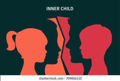 Concept of inner child. Silhouette of a man and woman showing their inner child living in their mind. Flat design, vector illustration.