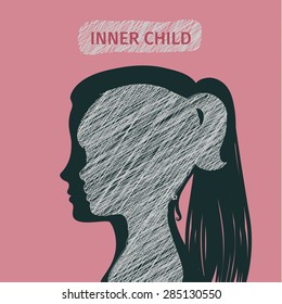 Concept of inner child. Silhouette of a woman showing his inner child living in his mind. Flat design, vector illustration.