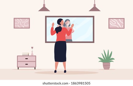 Concept of inner conflict. Internal demons metaphor. Woman listening to inner voice. Mental disorders, psychological diseases, schizophrenia. Cartoon flat vector illustration