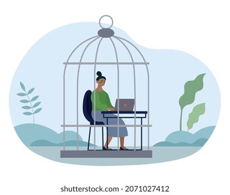 Concept of inner prison. Girl works for laptop in cage. Office employee, restrictions. Character wants to be free. Psychological problems, person feeling like trapped. Cartoon flat vector illustration