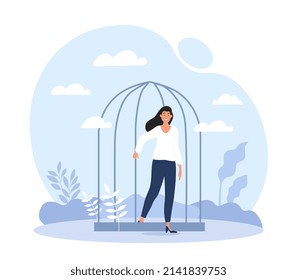 Concept of inner prisoner. Girl comes out of cage, psychology, awareness and self development. Woman coping with difficulties, positivity and optimism person. Cartoon flat vector illustration