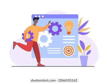 Concept of innovate solution. Man carries gear in his hands. Graphic elements for website. Mobile application development. Character realizes his idea, page. Cartoon flat vector illustration