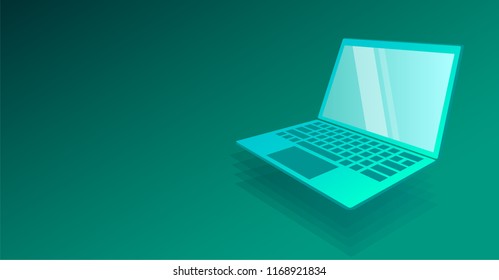  Concept of innovation block chain system and internet international worldwide connection or communication,  online networks. Modern laptop pc computer on dark green background.