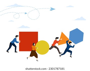 Concept of innovation in business, Businessman pushing the ball and leading the race against another group who are not so lucky pushing boxes. winning strategy, flat vector illustration.