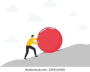 concept of innovation in business, Businessman pushing the ball, winning strategy, solutions, smart work, process optimization, overcoming difficulties. Winning strategy concept, business efficiency.
