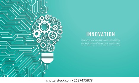 Concept of Innovation and Idea. Gears with a light bulb shape on a circuit board background. Creative Idea Solution. Innovation in the future. AI, big data, deep learning.Vector illustration.