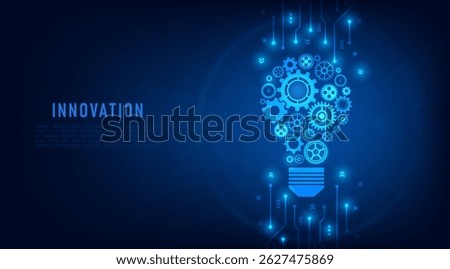 Concept of Innovation and Idea. Gears with a light bulb shape on a circuit board in a futuristic blue background. Innovation in the future. AI big data and deep learning.Vector illustration.