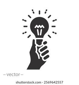 concept innovation idea, hand holding light bulb, icon, vision creative investment, thinking leadership, flat vector illustration