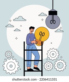 Concept of innovation. Man on stairs with light bulb in his hands, young guy. Poster or banner for website. Creative personality, inspiration and motivation. Cartoon flat vector illustration