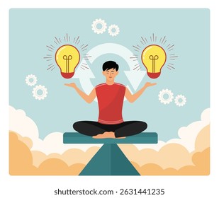 Concept of innovation. A meditating individual maintains balance while holding two glowing light bulbs symbolizing innovation and harmony.