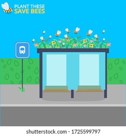 Concept and innovation for urban beekeeping, the bus stops into 'bee stops' in the Netherlands. Wildflowers planted on the roofs bus stops for pollination. Caring for the environment and biodiversity