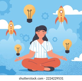 Concept of innovation. Young girl sits in lotus position surrounded by light bulbs, creativity and art. Successful entrepreneur launches start up. Ideas and insight. Cartoon flat vector illustration