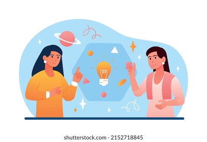 Concept of innovations. Two girls near light bulb, brainstorming and discussing problems. Creative problem solving, company development and workflow, insight. Cartoon flat vector illustration