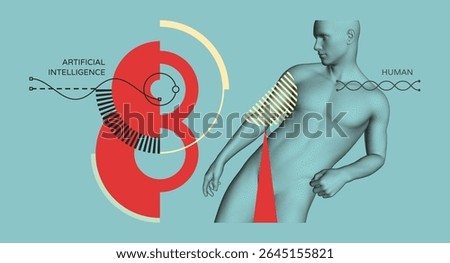 The concept of innovative discoveries in the field of genetics. Confrontation between AI and humans. DNA helix. Research of men's health using new technologies. Medicine of the future. Vector.