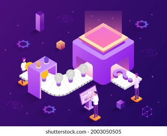 Concept of innovative idea generation, problem solving. Characters work in a factory to generate new ideas. One character gives a question, and the second-an idea. Isometric vector illustration