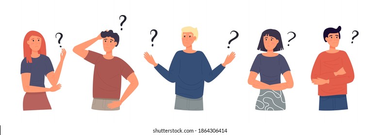 Concept of inquiry, frequently asked questions, looking for assistance, help, thinking. Female and male characters surrounded question marks. Men and woman in trouble. Flat vector illustration