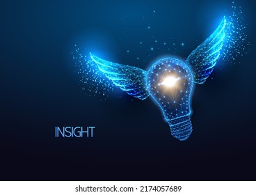 Concept of insight, aha moment with flying lightbulb in futuristic glowing low poly style on blue 