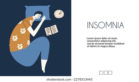 Concept of insomnia, anxiety disorder. The woman cannot sleep at night. Vector illustration in flat style