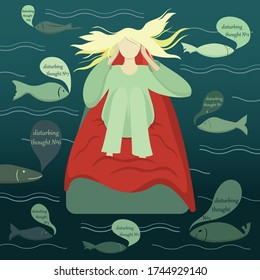 Concept of Insomnia Caused by Non Stop Thinking. Women Drifting in the Ocean of Her Mind on her Bed Surrounded with Fishes. Fishes Symbolising Thoughts. Flat Vector Illustration.